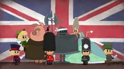 Mascha mit typischen Figuren vor der britischen Flagge