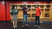 Mike Jackson, Egypt Sherrod, and Coach Alfred Jordan tour the players' lounge before renovation, as seen on Married to Real Estate, Season 3.