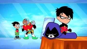 In the back, L-R: Robina, Cyborg. In the front: Robin, Raven. In the back, L-R: Robina, Cyborg. In the front: Robin, Raven.