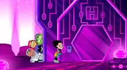 Cyborg (unten, l.), Starfire (oben, l.), Beast Boy (oben), Raven, Robin (r.)