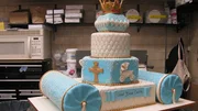 Finished Carlo's baptism cake at bakery. Finished Carlo's baptism cake at bakery.