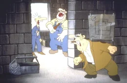 Die Kollegen Werner (l.) und Eckat (M.) am&uuml;sieren sich wieder einmal auf Kosten ihres Meisters (r.).