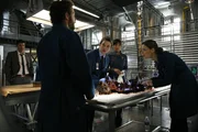 (v.l.n.r.) Booth (David Boreanaz); Dr. Hodgins (T.J. Thyne); Dr. Addy (Eric Millegan); Camille Saroyan (Tamara Taylor); Dr. Brennan (Emily Deschanel)
