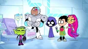v.li.: Beast Boy, Cyborg, Raven, Robin, Starfire