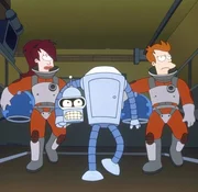 (v.l.n.r.) Leela, Bender und Fry starten in den Weltraum, um einen Müllball zu sprengen. Titel: Futurama (v.l.n.r.) Leela, Bender und Fry starten in den Weltraum, um einen Müllball zu sprengen. Titel: Futurama