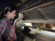 Susanne Mertens (Elisabeth Lanz) und Pfleger Conny (Thorsten Wolf) bei der Fütterung im Stall des Wisentgeheges.