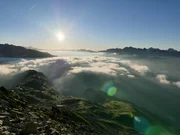 Sonnenaufgang &uuml;ber dem Aletschgletscher auf dem Eggishorn.
