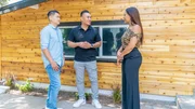As seen on HGTV&rsquo;s Fix My Flip, host Page Turner arrives to the newly renovated home and greets home flippers, Anton (L) and Anthony (M).