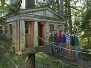 L_R: Treehouse Masters' Charlie Nelson, Alex, Daryl, Pete Nelson and Chuck pause in front of the Temple of the Blue Moon treehouse at Treehouse Point.