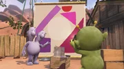Die Freunde arbeiten an Kunstwerken, mit denen sie Planet Fred überraschen wollen. Eddi malt geometrische Formen. Pootle dokumentiert alles mit seiner Fotokamera. Die Freunde arbeiten an Kunstwerken, mit denen sie Planet Fred überraschen wollen. Eddi malt geometrische Formen. Pootle dokumentiert alles mit seiner Fotokamera.