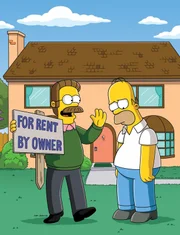 Homer (r.) hat mal wieder &uuml;ber die Str&auml;nge geschlagen und die Familie wird Opfer der Zwangsversteigerung ihres Hauses. Ned Flanders (l.) hat Mitleid mit seinen Nachbarn und ersteigert kurzerhand das Haus der Simpsons.