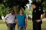 PSYCH -- "Rob A Bye Baby" -- Pictured: (l-r) Dule Hill as Burton "Gus" Guster, James Roday as Shawn Spencer, Sage Brocklebank as Buzz McNab -- USA Network Photo: Alan Zenuk