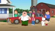 Weil die Verbrechensquote in Quahog steigt, flüchten Chris (r.), Lois (l.), Megan (3.v.l.), Peter (2.v.l.), Stewie (2.v.r.) und Brian (3.v.r.) aufs Land und wollen Farmer werden. Doch ist das wirklich eine gute Idee?