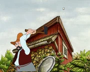 Wenn Pettersson Holz hackt, wird es gef&auml;hrlich. Die Holzst&uuml;cke fliegen durch die Gegend.