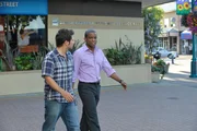 PSYCH -- "Gus Walks Into A Bank" -- Pictured: (l-r) James Roday as Shawn Spencer, Dule Hill as Burton "Gus" Guster PSYCH -- "Gus Walks Into A Bank" -- Pictured: (l-r) James Roday as Shawn Spencer, Dule Hill as Burton "Gus" Guster