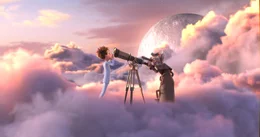 "Peterchens Mondfahrt": Der &Uuml;bergang von der Erde in den Weltraum ist f&uuml;r Peter (l.) wie ein Wunder: Pl&ouml;tzlich steht er mitten in Wolkengebilden vor einem skurrilen Mann (r.) mit Teleskop.