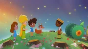 Der kleine Prinz, Charlotte, Elias und der Fuchs treffen einen Gärtner, dessen Kirschbäume verschwunden sind. Der kleine Prinz, Charlotte, Elias und der Fuchs treffen einen Gärtner, dessen Kirschbäume verschwunden sind.