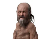 Neueste Darstellung von &Ouml;tzi mit dunkler Haut und Glatze.