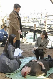 War es ein Unfall oder doch Mord? Lanie Parish (Tamala Jones, vorne l.), Castle (Nathan Fillion, 2.v.l.) und Beckett (Stana Katic, r.) sind auf der Suche nach Hinweisen.