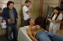 Keine leichte Sache, so eine Brustenthaarung. Nicht nur Cal (Seth Rogen, 2.v.l.) und David (Paul Rudd, l.) am&uuml;sieren sich &uuml;ber den vor Schmerzen schreienden Andy (Steve Carell, liegend) - auch die Mitarbeiterin des Salons (Miki Mia, r.) kriegt sich nicht mehr ein ...