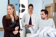 Lennert will sich bei Laura Wilhelms f&uuml;r den Tod Ihres Mannes entschuldigen.V.l.n.r. Laura Wilhelms (Annina Hellenthal), Vivienne Kling (Jane Chirwa), Lennert Rieken (Max Hegewald).