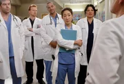 Der Rotstift streicht immer noch durch die G&auml;nge des Seattle Grace. Die Nerven liegen blank. Niemand wei&szlig;, wer als n&auml;chster rausfliegt: Charles (Robert Baker, l.), Owen (Kevin McKidd, 2.v.l.), Jackson (Jesse Williams, M.), Cristina (Sandra Oh, 2.v.r.) und Callie (Sara Ramirez, r.).