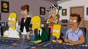 Schmieden einen gemeinen Plan, um Rache zu üben: Homer (l.), Mr. Burns (3.v.l.), Bart (2.v.r.) und Jazzy James (r.) ...