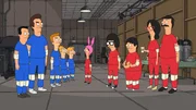 Jimmy (2.v.l.), Jimmy Pesto, Jr. (3.v.l.), Ollie (4.v.l.), Andy (5.v.l.), Louise (5.v.r.), Tina (4.v.r.), Gene (3.v.r.), Linda (2.v.r.), Bob (r.)