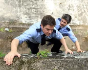 Sgt. Bellanger (played by Sidy Correa) climbs an old stone wall that surrounds St Joseph Priory.