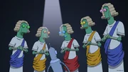 Bender (3.v.l.) steht wegen eines Verbrechens vor Gericht. Sein Anwalt greift allerdings zu einem brillanten Verteidigungskniff und somit wird er freigesprochen ...