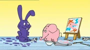 Hase und Elefant malen ein ganz buntes Bild.