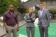 PSYCH -- "Last Night Gus" Episode 604 -- Pictured: (l-r) Dule Hill as Gus Guster, Maggie Lawson as Juliet O'Hara, Timothy Omundson as Carlton Lassiter -- Photo by: Alan Zenuk/USA Network