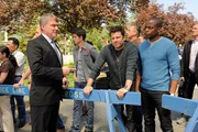PSYCH -- "S.E.I.Z.E the Day" Episode 801 -- Pictured: (l-r) Anthony Michael Hall as Harris Trout, James Roday as Shawn Spencer, Dule Hill as Gus Guster