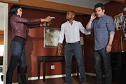 PSYCH -- "COG Blocked" Episode 805 -- Pictured: (l-r) Kali Hawk as Emanuelle, Dule Hill as Gus Guster, James Roday as Shawn Spencer.