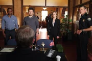 PSYCH -- "Someone's Got A Woody" Episode 804 -- Pictured: (l-r) Dule Hill as Gus Guster, James Roday as Shawn Spencer, Maggie Lawson as Juliet O'Hara, Timothy Omundson as Carlton Lassiter.