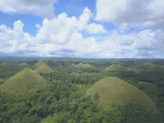 The Chocolate Hills on the island of Bohol. Around 1300 hills, 50 to 130 meters high. They were formed from limestone by wind and rain. They got their name from the grass cover, which turns chocolate brown in the dry season. The Chocolate Hills on the island of Bohol. Around 1300 hills, 50 to 130 meters high. They were formed from limestone by wind and rain. They got their name from the grass cover, which turns chocolate brown in the dry season.