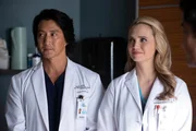 L-R: Dr. Alex Park (Will Yun Lee) and Dr. Morgan Reznick (Fiona Gubelmann).