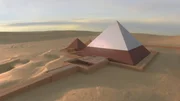 Ein computergeneriertes Bild zeigt die Pyramide von Menkaure, die in der Sonne gl&auml;nzt. Arch&auml;ologen graben inmitten eines Feldes ungew&ouml;hnlicher Pyramiden, um die Geheimnisse einer vergessenen Pharaonendynastie zu l&uuml;ften: Die Sonnenk&ouml;nige. (Windfall Films)