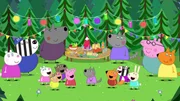 v.li.: Mummy Sheep, Daddy Zebra, Suzy Sheep, Daddy Wolf (hinter), Pedro Pony, Danny Dog, Peppa Pig, Wendy Wolf, Freddy Fox, Mummy Wolf (hinter), Zoe Zebra, Rebecca Rabbit, Daddy Pig, Mummy Fox