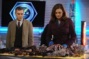 Dr. Douglas Filmore (Scott Lowell, l.); Temperance Brennan (Emily Deschanel, r.) Dr. Douglas Filmore (Scott Lowell, l.); Temperance Brennan (Emily Deschanel, r.)