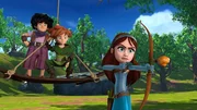 Little John und Robin Hood schauen am&uuml;siert Marian bei ihren Bogenschie&szlig;&uuml;bungen zu.