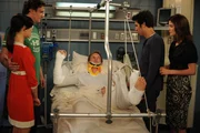 Barney (Neil Patrick Harris, M.), der von Teds Unfall geh&ouml;rt hat, will schnell ins Krankenhaus und wird prompt von einem Bus angefahren. Gemeinsam kommen Ted (Josh Radnor, 2.v.r.), Marshall (Jason Segel, 2.v.l.), Lily (Alyson Hannigan, l.) und Robin (Cobie Smulders, r.) an das Krankenbett des Weiberhelden ...