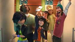 L-R: GoGo Tomago, Wasabi, Hiro Hamada, Tadashi Hamada, Honey Lemon und Fred