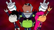 Raven (l.), Beast Boy (vorne), Cyborg (hinter), Starfire (r.)