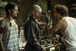 Max (MATT DAMON, center), Julio (DIEGO LUNA, left) and Spider (WAGNER MOURA) meet inside Spider's armory in Columbia Pictures' ELYSIUM.