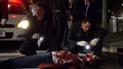 Detective Mac Taylor (Gary Sinise, l.) und Dr. Sheldon Hawkes (Hill Harper) entdecken auf einem Parkplatz die blut&uuml;berstr&ouml;mte Leiche des Finanzberaters Martin Stafford (Jack Krizmanich).