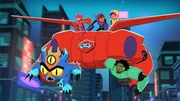 L-R: Fred, Baymax, Wasabi. On top: Honey Lemon, Hiro Hamada, Go Go Tomago.