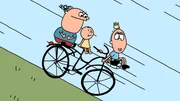 Trafalgar, Pulver und Oliver fahren mit dem Fahrrad schnell den H&uuml;gel hinunter.