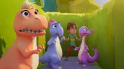 Leo und die drei Dinos Trina, Doris und Socke haben sich im Labyrinth verlaufen.