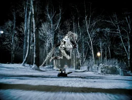 A T-Rex skeleton that has come to life goes on the rampage outside a Manhattan museum.